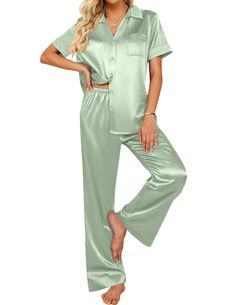 PRICES MAY VARY. Material: Silk pajama set is made of premium lightweight, breathable and skin-friendly fabric, just like wrapped in a cloud, helping you have a sound sleep Silk Tops: Short sleeve button down t-shirt, v-neck, and a chest pocket. This pajama shirts can be worn as a casual button blouse shirt. Great for sleeping,casual wear or lounging around the house or yard all day Wide Leg Pants: elasticated waist, two pockets, loose fit and flowy, long enough. This silk lounge pants can be pa Loungewear Sets With Short Sleeves And Button Closure, Short Sleeve Loungewear Sets With Button Closure, Relaxed Fit Sleepwear With Button Closure For Pajama Party, Button Closure Sleepwear For Pajama Party, Solid Color Sets With Button Closure For Loungewear, Satin Pajamas Set, Bridal Pajamas, Pjs Set, Silk Pajamas Women