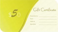 a gift certificate is shown with the number 5 on it's front and bottom corner