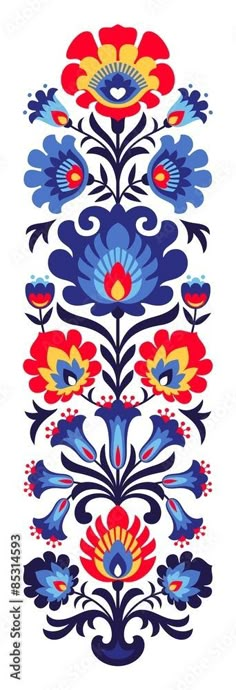 an ornate design with flowers and leaves on the side of a white background, in blue, red, yellow and orange colors