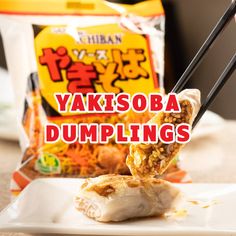 a bag of yaksoba dumplings on a plate with chopsticks