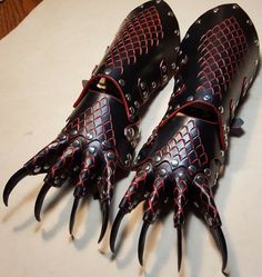 Dragon Gauntlets, Dragon Gloves, Clawed Gauntlet Fantasy, Red Dragon Armor, Red Scales Dragon, Leather Scale Armor, Red Leather Armor, Metal Glove Claws, Claw Gloves