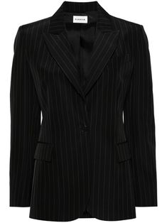 black virgin wool blend tailored design pinstripe pattern peak lapels shoulder pads long sleeves with faux buttoned cuffs chest welt pocket two front flap pockets English rear vents full lining front button fastening Pinstripe Blazer, Pinstripe Pattern, Tailored Design, Black Blazers, Outerwear Women, Flap Pocket, Welt Pocket, Shoulder Pads, Single Breasted