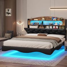 a bed that has some lights on it in the middle of a room with wood floors