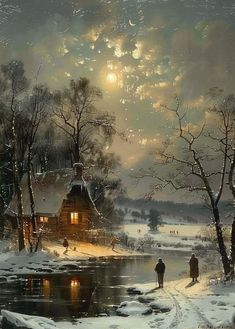 a painting of people walking in the snow by a cabin on a lake at night