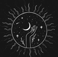 a hand holding the moon in front of a black background with stars and sunbursts