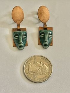 Vintage Mid Century Mod Green Ceramic Tribal Face Copper Top Screwback Earrings | eBay Traditional Metal Jewelry, Mid Century Mod, Green Ceramics, Vintage Copper, Screw Back Earrings, Vintage Costume Jewelry, Vintage Costumes, Copper, Mid Century