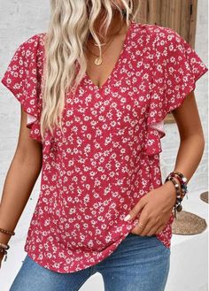 Color:Wine Red;Size:S;Size:M;Size:L;Size:XL;Size:2XL;Size:3XL;Package Contents:1 X Blouse;Occasion:Other;Style:Casual; Casual Tops With Ditsy Floral Print And Flutter Sleeve, Red Non-stretch Summer Blouse, Non-stretch Red Summer Blouse, Non-stretch Red Blouse For Summer, Feminine Red V-neck Tops, Red Ruffle Sleeve Summer Tops, Red Ruffle Sleeve Top For Summer, Red Flutter Sleeve Blouse For Summer, Red Ruffle Sleeve Blouse For Summer