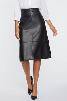 Faux Leather A-Line Skirt Sculpt-Her™ Collection - Black Black | NYDJ Leather A Line Skirt, Leather Trend, Preppy Fall, Night Style, Leather Midi Skirt, Fall Capsule Wardrobe, Business Outfit, Fashion Night, Faux Leather Skirt