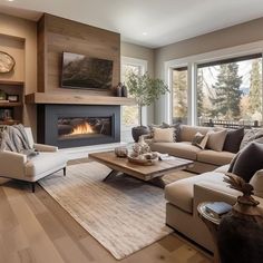 a living room filled with furniture and a fire place