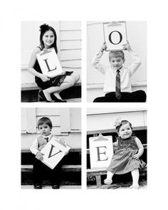 black and white photos of children holding letters