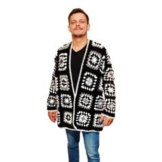 Mens Crochet Afghan Square Jacket Unisex Cardigan **Cargo by plane  (Fedex- exspress) **Shipping immediately   ●  #crochet #handmade *immediate deliveryTips for keeping your knitwear always looking like new *The product should not be washed with bleach; Only colored and mild detergent should be used. *Hand wash up to 40ºC. *Wash on delicate cycle up to 30 C. *Do not iron. *Drum drying, low heat. *Do not dry clean. *Wet cleaning method can be applied to the product. Bohemian Oversized Crochet Outerwear, Casual Winter Festival Sweater, Casual Granny Square Cardigan For Winter, Festival Crochet Long Sleeve Outerwear, Black Crochet Outerwear For Winter, Handmade Vintage Winter Outerwear, Handmade Hippie Outerwear For Festivals, One Size Vintage Outerwear For Festivals, Vintage One-size Outerwear For Festivals