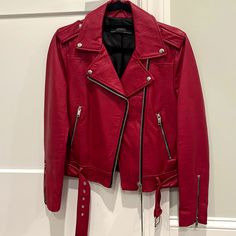 Zara Red Leather Moto Jacket . Never Worn . Perfect Condition Red Biker Outerwear For Fall, Red Leather Jacket With Zipper For Work, Red Moto Outerwear With Zipper Closure, Trendy Red Leather Jacket For Work, Red Moto Biker Jacket For Spring, Casual Red Biker Jacket For Work, Zara Red Outerwear For Fall, Red Biker Jacket For Work In Spring, Red Leather Moto Jacket