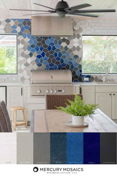 a kitchen with blue and white tiles on the wall, ceiling fan and counter top