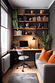 a home office with bookshelves, desk and chair in front of the window