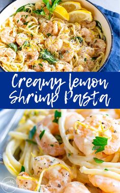 shrimp pasta with lemon and parsley in a white bowl