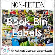 the book bin labels for non - fiction books are shown in black and white with colorful images