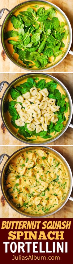 three pans filled with pasta and spinach on top of a wooden table next to each other