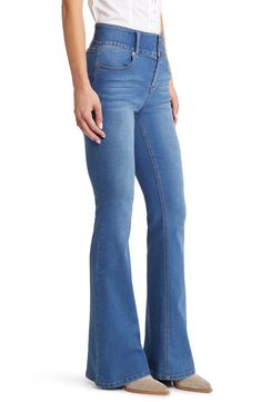 These soft and stretchy flare jeans feature a high, wide waistband with a shapewear effect that comfortably contours your natural silhouette. 34" inseam; 23" leg opening; 10 1/2" front rise; 15" back rise 51% cotton, 26% polyester, 22% rayon, 1% spandex Machine wash, tumble dry Imported High Waist Flare Jeans, Wide Waistband, Skirt Pants, Shapewear, Flare Jeans, Dress Shoes, Top Brands, High Waist, Nordstrom