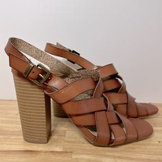 Justfab Nwot Size 7.5 Man Made Woven Leather Sandals With 4 Inch Heels. Perfect To Pair With That Summer Dress. Brown 4-inch Strappy Heels, Brown Synthetic Heels With Heel Loop, Brown Strappy Heels With Buckle Closure, Brown Faux Leather Heels With Buckle Closure, Brown Faux Leather Heels With Heel Strap, Brown Faux Leather Open Heel Heels, Brown Strappy Synthetic Heels, Woven Leather Sandals, Just Fab Shoes