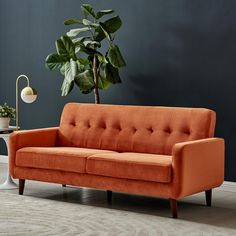 an orange couch sitting next to a potted plant