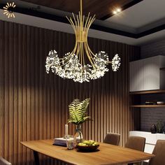 a dining room table with chairs and a chandelier hanging from it's ceiling