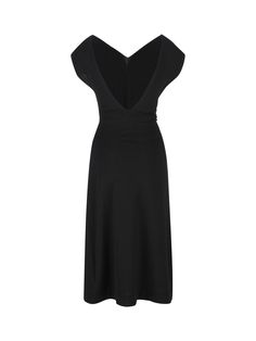 100% Virgin Wool Flattering V-neck Evening Dress, Formal V-neck Midi Dress, Flattering V-neck Formal Dresses, Chic Midi Dress With Open Neckline For Date Night, Chic Formal Dress With Open Neckline, Chic Dinner Dress With Flattering Silhouette, Elegant Dress With Open Neckline For Date Night, Sleek V-neck Midi Dress For Dinner, Flattering V-neck Maxi Dress For Evening