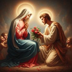 a painting of jesus and mary holding flowers