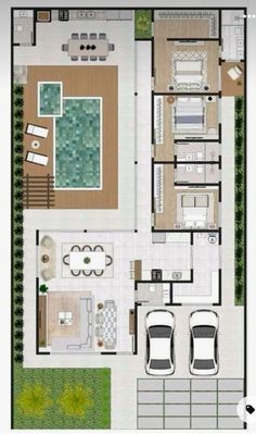 a floor plan for a house with two cars parked in the driveway and an outdoor swimming pool