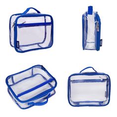 four clear bags with blue handles and zippers