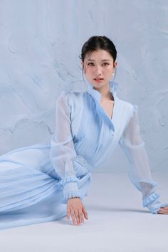 Women's Wind Shirt Long Sleeved Organza Midi Dress S/M/L Blue MEAN BLVD Elegant Long Sleeve Midi Dress With Folds, Chic Pleated Long Sleeve Dress For Winter, Long Sleeve Midi Dress With Pleated Sleeves, Elegant Long Sleeve Midi Dress For Daywear, Elegant Long Sleeve Pleated Evening Dress, Fall Long Sleeve Pleated Dress, Semi-formal Long Sleeve Dress For Spring, Elegant Spring Pleated Dress With Folds, Classic Long Sleeve Midi Dress For Daywear