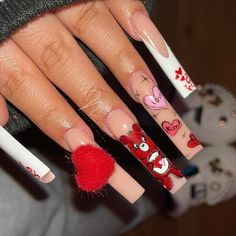 Red Care Bear, Character Nails, Nail Business, Bears Nails, Curved Nails, Diy Acrylic Nails, Summer Toe Nails