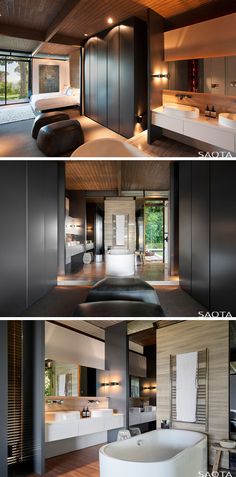 three different views of a modern bathroom with wood floors and white fixtures on the walls