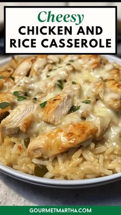 chicken and rice casserole in a white bowl with the title overlay reads cheesy chicken and rice casserole