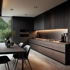 a modern kitchen with dark wood cabinets and black chairs is seen in this image from the dining room