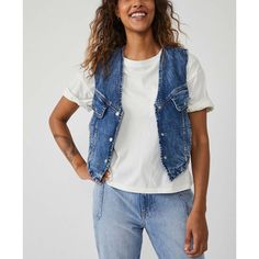 Free People Denim Vest With Sherpa Inner Lining Denim Blue Tops For Layering, Casual Denim Tops For Layering, Casual White Cotton Denim Top, Spring Layering Denim Tops, Medium Wash Tops For Spring Layering, Casual Denim Vest For Fall Layering, White Denim Tops For Fall, Casual Indigo Cotton Denim Vest, Casual White Outerwear With Frayed Hem