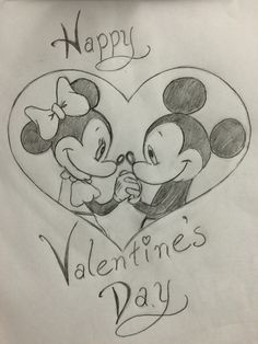 a drawing of mickey and minnie holding hands with the words happy valentine's day