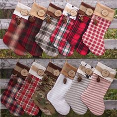 christmas stockings hanging on a wooden fence with pinecones and plaid stocking clippings