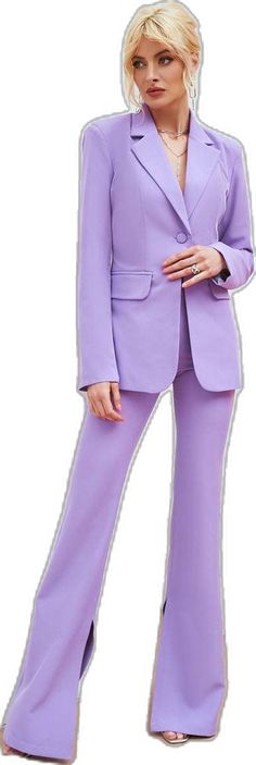 Tailored Purple Formal Sets, Tailored Purple Sets For Formal Occasions, Elegant Purple Pants, Purple Notch Lapel Sets For Formal Occasions, Elegant Fitted Lavender Bottoms, Tailored Purple Long Sleeve Sets, Purple Business Sets With Notch Lapel, Business Sets With Notch Lapel In Purple, Formal Purple Sets For Spring