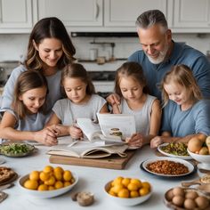 a family is gathered around the kitchen table to look at an open book while reading it