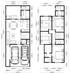 two story house plans with one car parked in the garage and another on the second floor