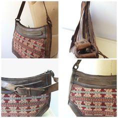 Vintage 1970's leather and woven fabric large tote/shoulder bag Thick brown leather with fabulous woven inserts on both sides buckle on the top of the strap leather covered strap rings brass zipper with leather thong pulls braided top trim lined with small interior zip pocket wide base. Great patina! label - no manufacturer's label size - base: 6-1\/2 wide x 17 inches long height: 9 inches from bottom to top of purse 21 inches from bottom to top of strap condition - great Fall Travel Woven Leather Shoulder Bag, Vintage Hobo Bag With Leather Backing For Travel, Brown Woven Leather Shoulder Bag For Travel, Vintage Leather Satchel For Fall, Vintage Bags With Leather Lining For Fall, Vintage Travel Hobo Bag With Leather Backing, Vintage Leather Shoulder Bag For Fall, Leather Shoulder Bag With Braided Handles For Fall, Vintage Leather Hobo Bag For Travel