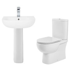 a white toilet and bidet are shown against a white background with the lid up