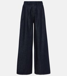 Nolan high-rise wide-leg jeans in blue - The Frankie Shop | Mytheresa Chic Dark Wash Wide Leg Jeans, Classic High Waist Wide Leg Pants With Five Pockets, Elegant Wide-leg Jeans With Five Pockets, Elegant Wide Leg Jeans With Five Pockets, Wide Leg Bottoms With Button Zip Fly, Elegant High Rise Cotton Flare Jeans, Elegant Mid-rise Cotton Flare Jeans, Elegant Wide Leg Relaxed Fit Jeans, Classic High Rise Wide Leg Cotton Pants