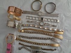 "GREAT DEALS Lot Junk Jewelry Accessories Men's Women's 9 Watches 37 Bracelets Bangles For Wear Crafting Projects NOTE Watches Need a New Batteries and Repair! This lot includes many different of jewelry accessories items older and newer mix, some are wearable, most are for repair parts crafting or repurpose, Mixed materials: gold tone metal or plated, silver tone metal, plastics, beads, glass, rhinestones, watches, bracelets bangles. For more a GREAT DEALS on vintage jewelry and accessories lot Watches Bracelets, Tiny Bag, Junk Jewelry, Bracelets Bangle, Gold Chain Jewelry, Monogram Design, Jewelry And Accessories, Repurpose, Gold Tone Metal