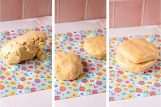 three different views of doughnuts on a table