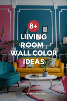 living room with blue and pink walls, yellow couches and green chairs in the corner