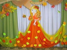 a painting of a girl in an orange dress standing on a stage with leaves all over it