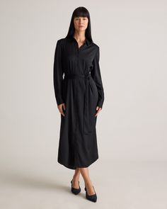 Never underestimate the power of a shirt dress. Our Washable Stretch Silk Maxi Shirt Dress features a chic length, removable silk belt, and button-down front for timeless structure. Easy to style, easy to wash, for a low-maintenance luxe look that works for office days, date nights, and beyond. Classic Button-up Shirt Dress For Formal Occasions, Classic Belted Shirt Dress For Semi-formal Occasions, Workwear Shirt Dress With Placket, Formal Button-up Midi Dress With Tie Waist, Workwear Shirt Dress With Spread Collar And Placket, Chic Shirt Dress With Placket For Work, Formal Collared Shirt Dress With Placket, Business Collared Dresses With Placket, Business Dresses With Collar And Placket