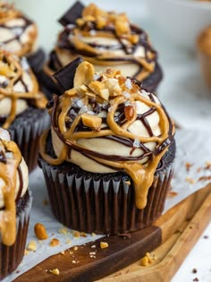 chocolate cupcakes topped with nuts and caramel drizzle