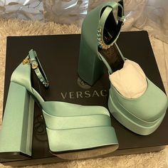 Authentic, Unworn , Unused Versace Platforms In Teal Comes With Box! Box Is A Little Torn The Shoes Have Never Been Worn But Has Areas With Very Light Scuffing. Please See Photos Retails For Over $1475 Plus Tax Teal Color Size 37.5 Or 7.5 And Is True To Size Made In Italy Alto Shoes, High Platform Heels, Platform Heels With Jeans, Cute Shoes Platform, Ugliest Shoes, Versace High Heels, Prom Shoe, High Heels Shoes, Green Platforms